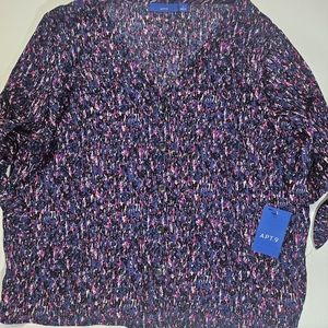 Womens Blouse Art To Wear Large Button Down Short Sleeve Purple Black Office NEW